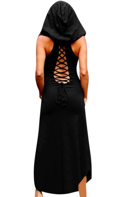 Crisscross Back Pagen Priestess Hooded Maxi Dress