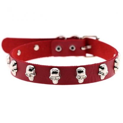 Choker - Silver Skulls PU Leather - Red