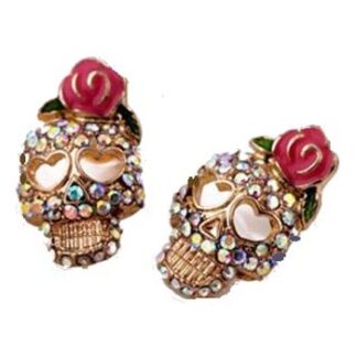 Skull With Pink Bow Rhinestone Stud Earrings