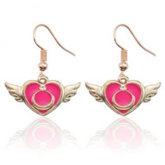 Anime Sailor Pink Heart Wings Dangle Earrings