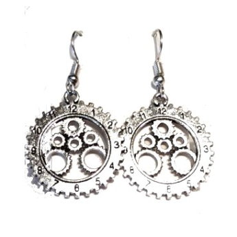 Steampunk Gear Charm Dangle Earrings - Antique Silver