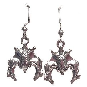 Hanging Bat Dangle Earrings - Antique Silver