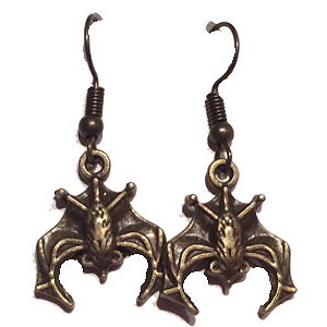 Hanging Bat Dangle Earrings - Antique Brass