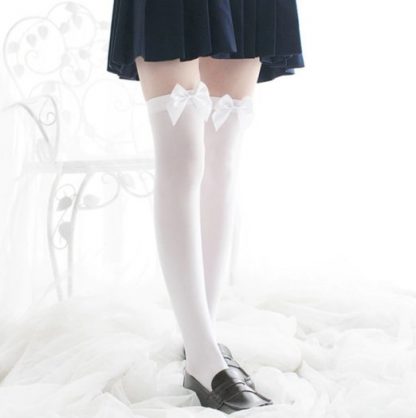 Over The Knee Long Stockings - White with White Bow