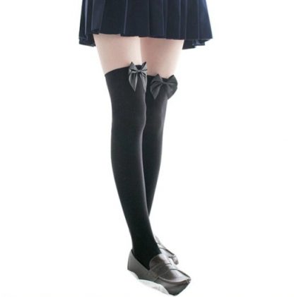 Over The Knee Long Stockings -Black with Black Bow