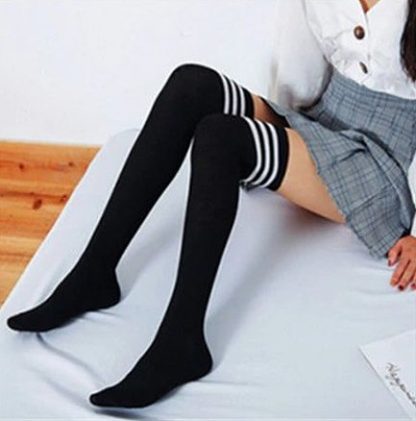 Over The Knee Long Socks -Black with White Striped Top