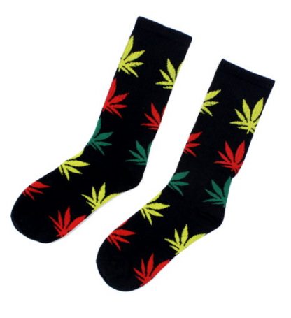 Marijuana Leaf Unisex Crew Socks - Black w/Multi-Coloured Leaf