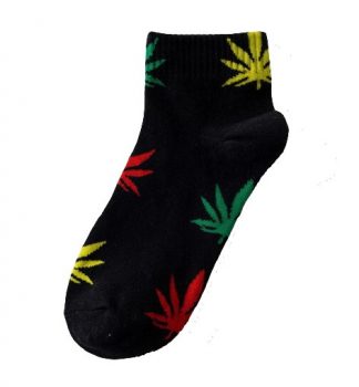 Marijuana Leaf Ladies Ankle Socks - Black with Mullti-Coloured Leaf
