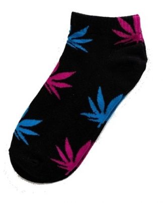 Marijuana Leaf Ladies Ankle Socks - Black with Mullti-Coloured Leaf #2
