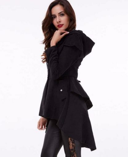 Black Corseted Hooded Women's Hi-Lo Coat