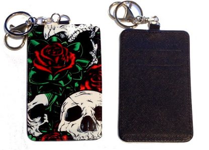 Card Holder Key Chain #31 Roses & Skulls Tattoo Style