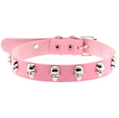 Choker - Silver Skulls PU Leather - Pink