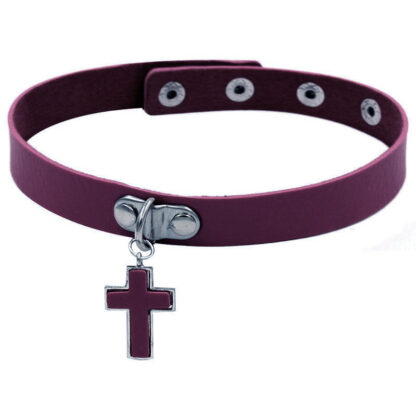 Choker - Dangling Cross PU Leather - Purple
