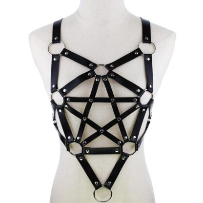 PU Leather Long Line Pentagram Chest Harness - Black