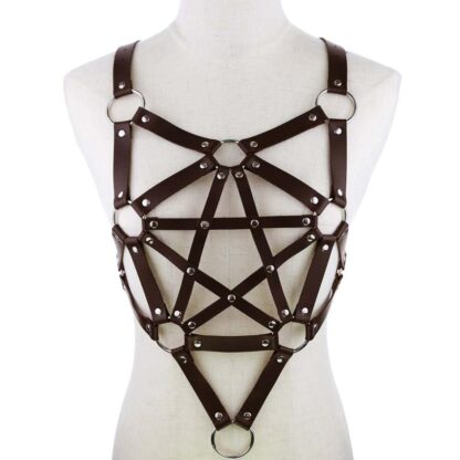 PU Leather Long Line Pentagram Chest Harness - Coffee