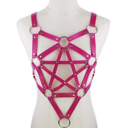 PU Leather Long Line Pentagram Chest Harness - Fuschia