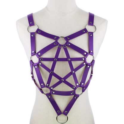 PU Leather Long Line Pentagram Chest Harness - Purple