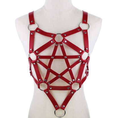 PU Leather Long Line Pentagram Chest Harness - Red
