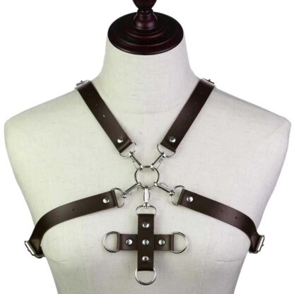PU Leather Center Cross Chest Harness - Coffee