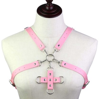 PU Leather Center Cross Chest Harness - Pink