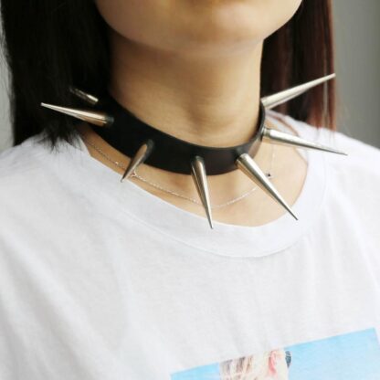 Choker - Long Silver Spiked PU Leather (5.5 CM)